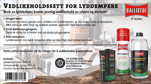 Ballistol Lyddemper Vedlikeholdsett